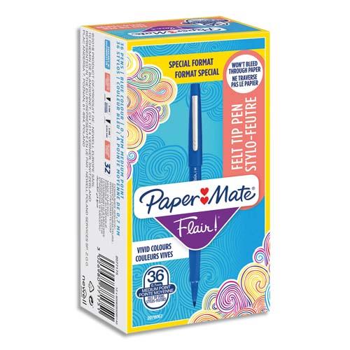 PAPERMATE Boîte de 30+6 feutres d'écriture Flair Original pointe moyenne. Encre Bleue