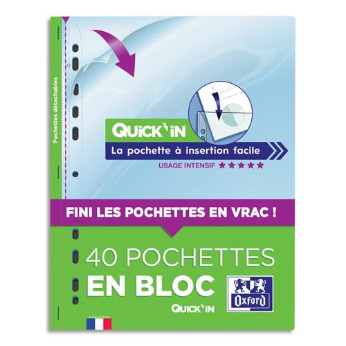 OXFORD Bloc de 40 pochettes perforées Quick' In A4 en polypropylène 9/100e lisse incolore