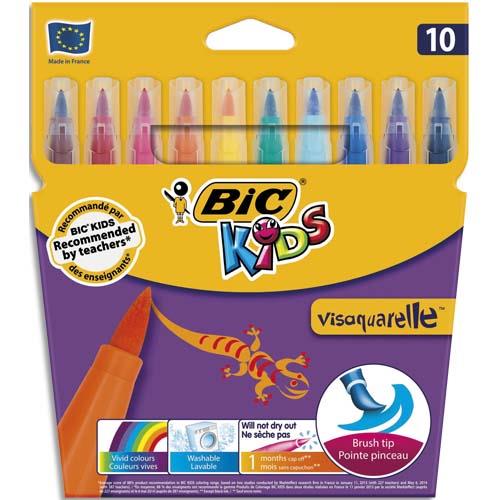 BIC KIDS Visaquarelle Feutres de Coloriage avec Pointe Pinceau - Couleurs Assorties, Etui Carton de 10