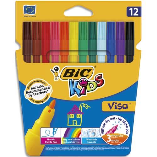 BIC KIDS Visa Feutres de Coloriage à Pointe Fine - Couleurs Assorties, Etui Carton de 12