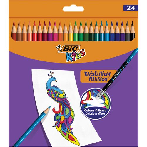 BIC KIDS Evolution Illusion Crayons de Couleur Effaçables - Couleurs Assorties, Étui Carton de 24
