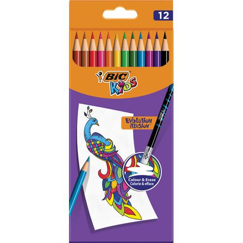 BIC Kids Evolution Illusion Crayons de Couleur Effaçables - Couleurs Assorties, Etui Carton de 12