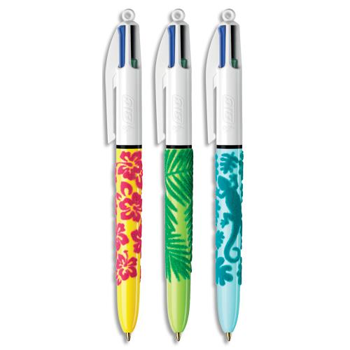 BIC Stylo bille 4 couleurs rétractables Velours. Pointe Moyenne (1,0 mm). Décors assortis Jungle