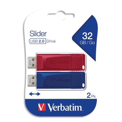 VERBATIM Pack de 2 clés USB 2.0 32Go Rouge/Bleue rétractable 49327 (dont eco-taxe de 0,04 €) (dont taxe copie privée de 4,00 €)
