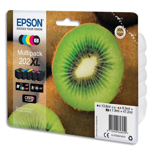 EPSON Multipack XL Jet d'Encre 202 série KIWI Noir photo+Noir+Cyan+Magenta+Jaune (T02G7) C13T02G74010 (dont eco-taxe de 0,02 €)