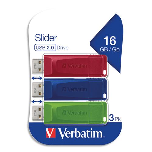 VERBATIM Pack de 3 clés USB 2.0 16Go Rouge/Bleue/Verte rétractable 49326 (dont eco-taxe de 0,05 €) (dont taxe copie privée de 4,50 €)