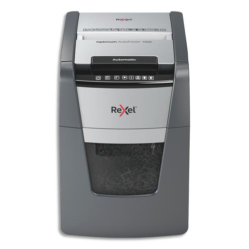 REXEL Destructeur de documents Optimum Auto+ 100X P-4 coupe croisée 4x28mm 100 feuilles 34 L 2020100XEU (dont eco-taxe de 1,75 €)