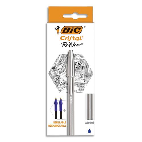 BIC Cristal Re'New Stylo-Bille Pointe Moyenne Corps Argenté + Cartouches d'Encre Rechargeables Bleu x1+2