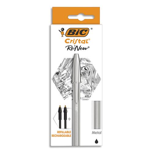 BIC Cristal Re’New Stylo-Bille Pointe Moyenne Corps Argenté + Cartouches d’Encre Rechargeables Noir x1+2