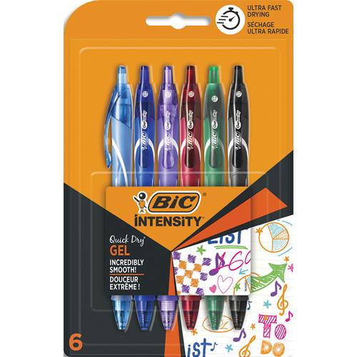 BIC Gel-ocity Quick Dry Stylos-Gel Rétractables Pointe Moyenne (0,7 mm) - Couleurs Assorties, Blister x6