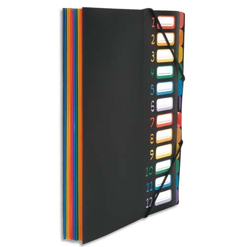 VIQUEL Trieur vertical RAINBOW 12 compartiments à soufflet en polypro 5/10, Noir intérieur multicolore