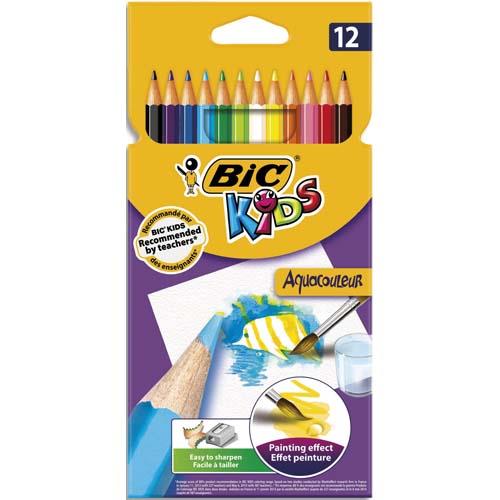 BIC KIDS Aquacouleur Crayons de Couleur Aquarellables (Effet Peinture) - Couleurs Assorties, Etui x12