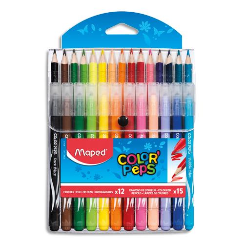 [134396] MAPED Pochette de 12 feutres LONG LIFE + 15 crayons de couleur COLOR PEPS