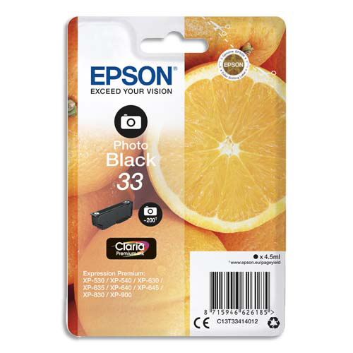 [138316] EPSON Cartouche Jet d'Encre Claria Premium Noir Photo ''Oranges'' 33 (T3341) - C13T33414012 (dont eco-taxe de 0,01 €)