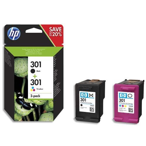 [222476] HP 301 Pack de 2 Cartouches d'Encre Noire et Trois Couleurs Authentiques (N9J72AE) (dont eco-taxe de 0,01 €)