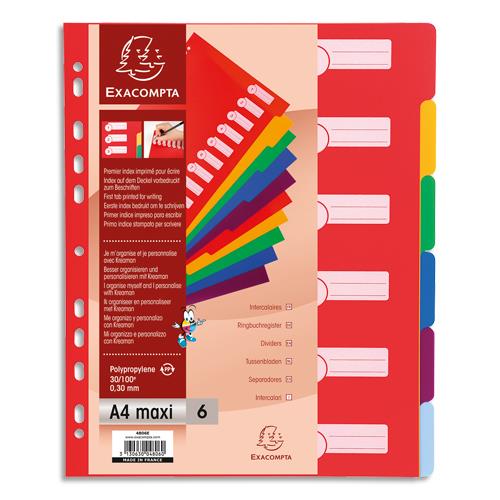 [041606] EXACOMPTA Intercalaires polypropylène opaque semi rigide 6 positions - A4 maxi Couleurs assorties