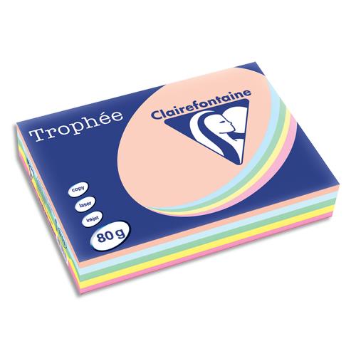 [264355] CLAIREFONTAINE Ramette 5x100F papier couleur Trophée 80g A4 assortis pastel Rose,canari,vert,Bleu,Saumon