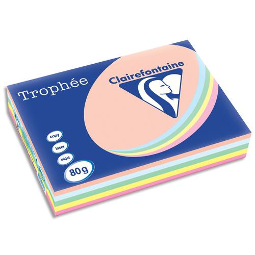 [264363] CLAIREFONTAINE Ramette 5x100F papier couleur Trophée 80g A3 assortis pastel Rose,canari,vert,Bleu,Saumon