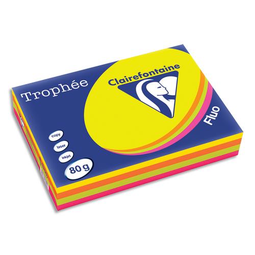 [264396] CLAIREFONTAINE Ramette 4x125F papier couleur Trophée 80g A4 assortis fluo Rose,Jaune,vert,Orange