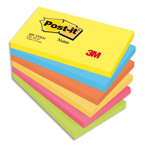 [045240] POST-IT Lot de 6 blocs repositionnables coloris énergique dimensions 76x127mm 655TF