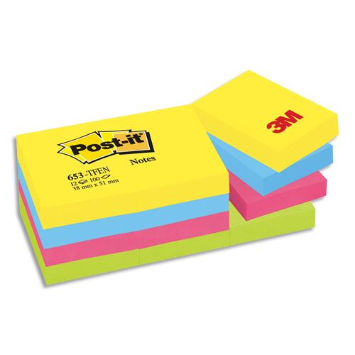 [045321] POST-IT Lot de 12 blocs repositionnables coloris énergique dimensions 38x51mm 653TF