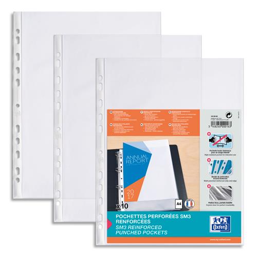 [279797] OXFORD Sachet de 10 pochettes perforées SM3 en PVC 10/100e. Format A4, perforation 9 trous, bord renforcé