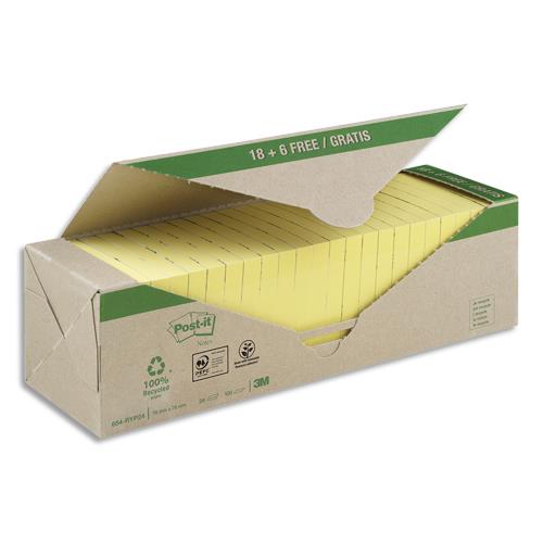 [281134] POST-IT Pack avantages Notes Post-it® Recyclées Jaunes 76x76 mm, 100 feuilles, 18 blocs + 6 offerts.