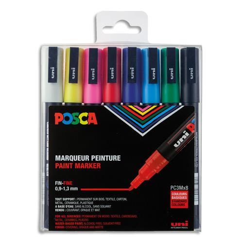 [283741] POSCA Pochette 8 marqueurs peinture à eau, encre pigmentation assortie, pointe fine