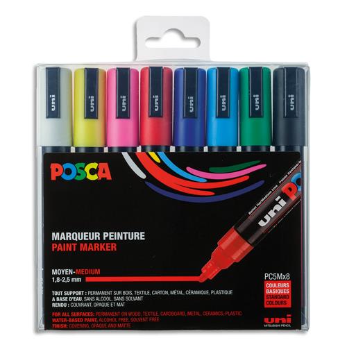 [283806] POSCA Pochette 8 marqueurs peinture à eau, encre pigmentation assortie, pte moyenne