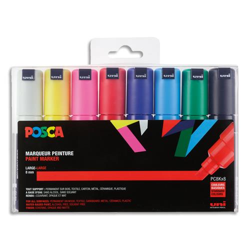 [283814] POSCA Pochette 8 marqueurs peinture à eau, encre pigmentation assortie, pointe large