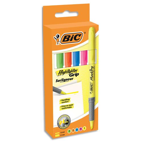 [057388] BIC Highlighter Grip Surligneurs Pointe Biseautée - Couleurs Fluo Assorties, Etui Carton de 5