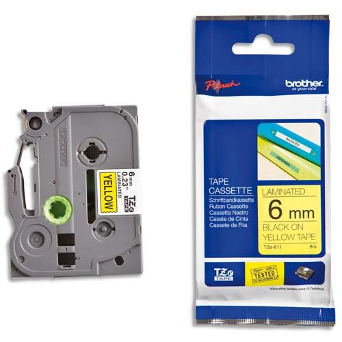 [346850] BROTHER Ruban pour PTOUCH laminé Noir/Jaune 6mmx8m TZE611