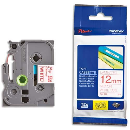 [347023] BROTHER Ruban pour PTOUCH laminé Rouge/Blanc 12mmx8m TZE232