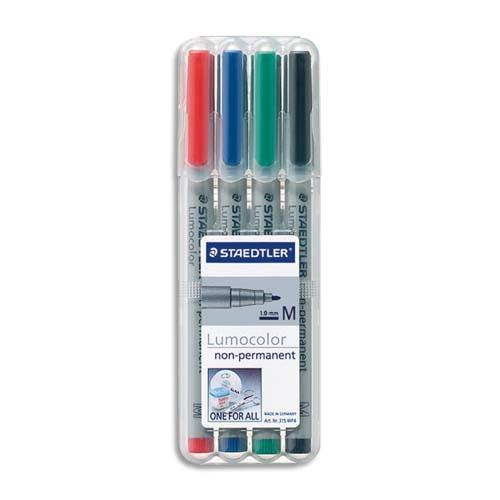 [087238] STAEDTLER Pochette de 4 feutres multi-usages LUMOCOLOR Encre non permanente assortis. Pointe moyenne 1mm