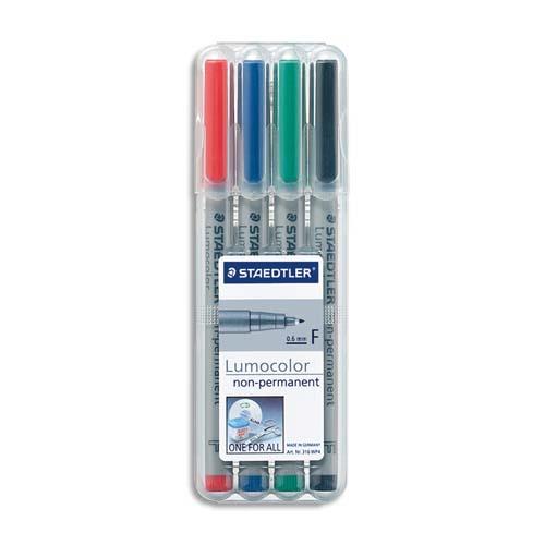 [087386] STAEDTLER Pochette de 4 feutres pour rétroprojection pointe fine encre soluble coloris assortis LUMOCOLOR