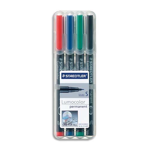 [087432] STAEDTLER Pochette de 4 feutres multi-usages LUMOCOLOR Encre permanente assortis. Pointe superfine 0,4mm