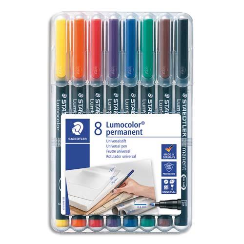 [087521] STAEDTLER Pochette de 8 feutres LUMOCOLOR Encre permanente. Coloris assortis. Pointe fine 0,6mm