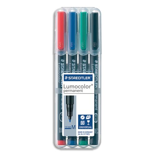 [087580] STAEDTLER Pochette de 4 feutres multi-usages LUMOCOLOR Encre permanente assortis. Pointe moyenne 1mm