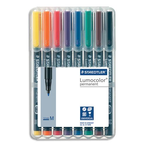 [087602] STAEDTLER Pochette de 8 feutres LUMOCOLOR Encre permanente. Coloris assortis. Pointe moyenne 1mm