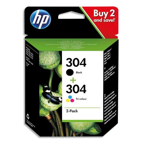 [431974] HP 304 Pack de 2 Cartouches d'Encre Noire et Trois Couleurs Authentiques (3JB05AE) (dont eco-taxe de 0,04 €)