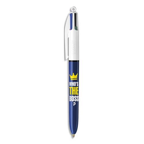 [434259] BIC Stylo bille 4 couleurs rétractables Message. Pointe Moyenne (1,0 mm). Décors « Who's The Boss »