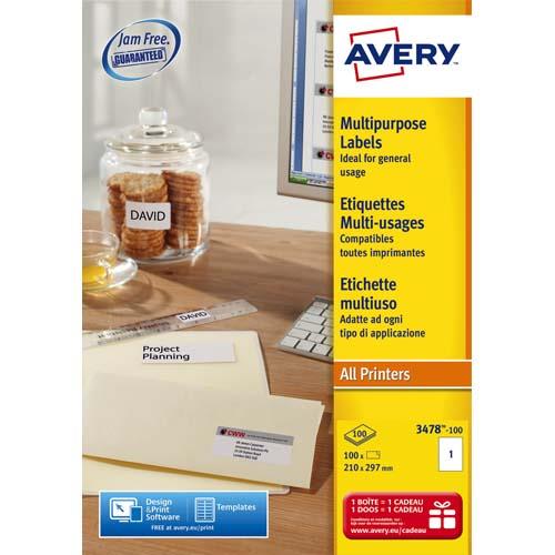 [126604] AVERY Boîte de 100 étiquettes Blanches multi-usages 210x297mm - pour Laser. Jet d'encre et copieur