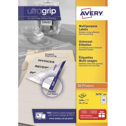 [126639] AVERY Boîte de 2400 étiquettes Blanches multi-usages 70x37mm - pour Laser. Jet d'encre et copieur